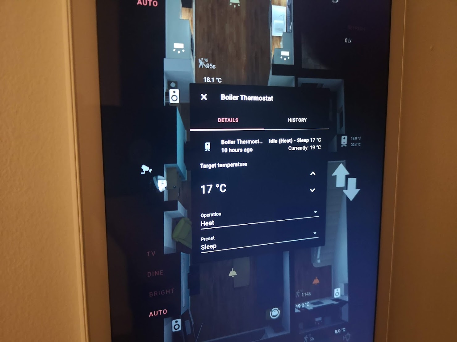 Thermostat controls in use on a Home Assistant wall panel