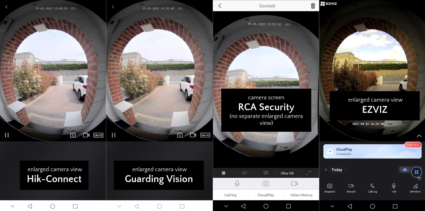 Enlarged camera view. Note there is no separate enlarged view in the RCA Security app. The "full screen" icon switches to a full screen landscape view of the camera.