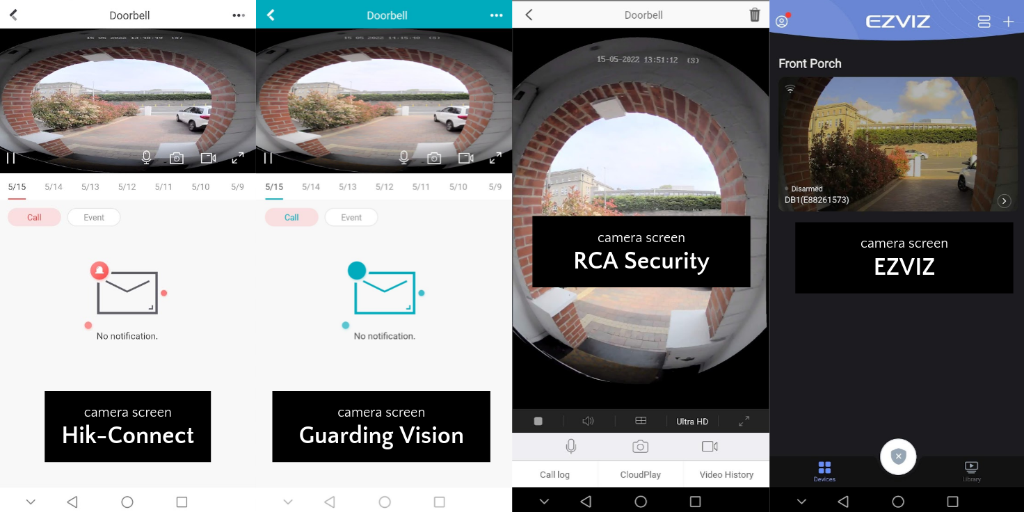Camera screen (i.e., when you select your doorbell). Note the RCA Security app uses the full screen to show the entire camera image at its natural resolution. It can also be panned and zoomed with touch gestures.