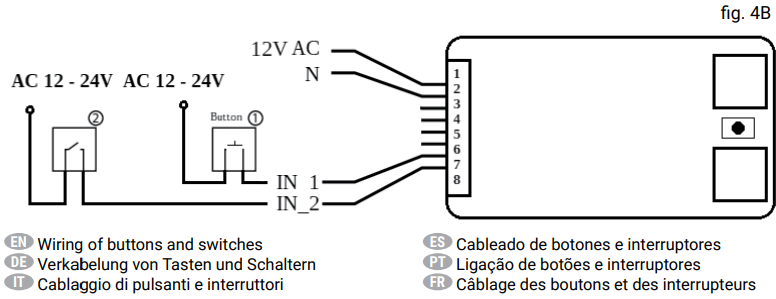 Shelly Uni user guide diagram of wiring of buttons and switches. (Warning: this diagram is incorrect, and AC current cannot be measured this way with the Shelly Uni) 