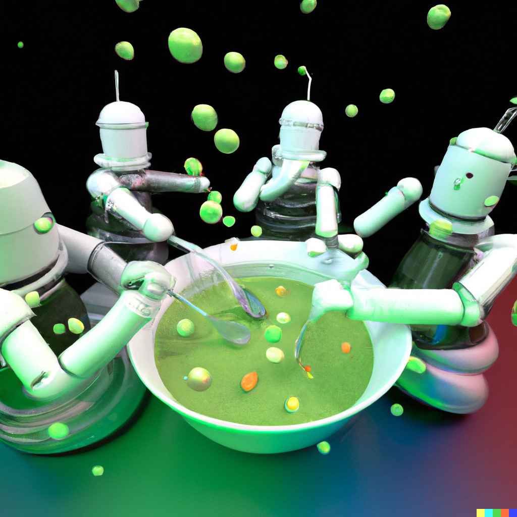 Title image: "Four androids eating pea soup from a giant circular bowl, and 3 more  androids who have a stream of peas flying from their mouths into the soup." by OpenAI