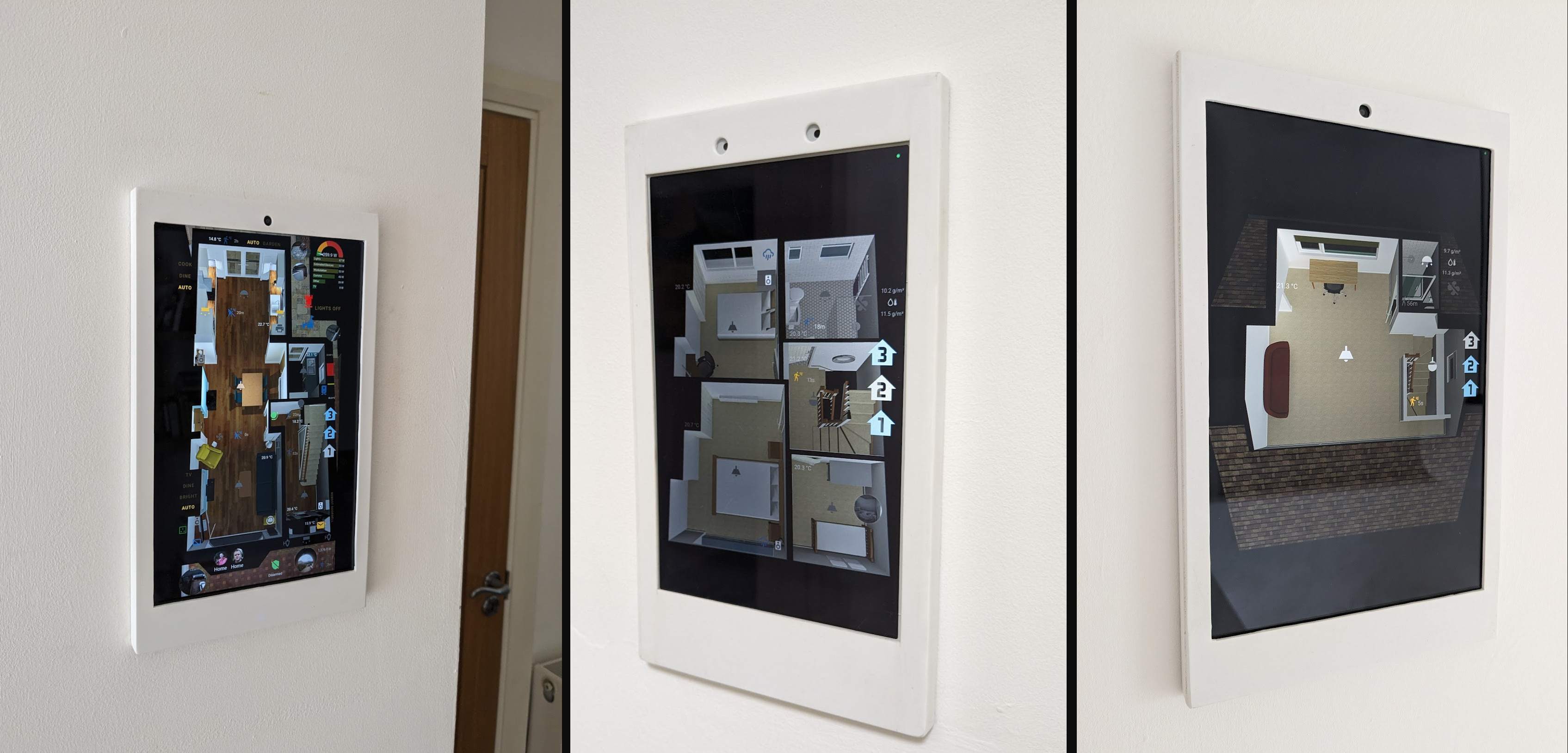 Various wall-mounted tablets displaying the floorplan UI